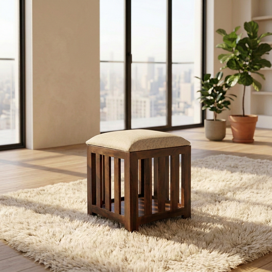 Suryavanshi Sheesham Wood Ottoman Slatted Stool with Cushioned Seat