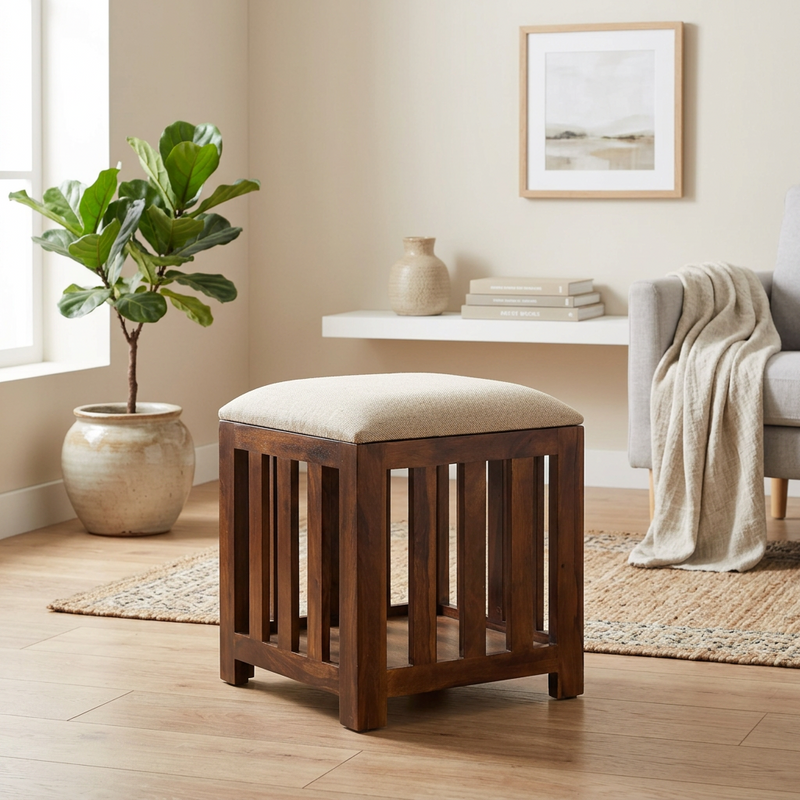 Suryavanshi Sheesham Wood Ottoman Slatted Stool with Cushioned Seat