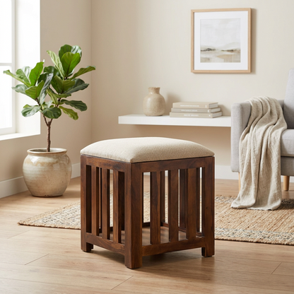 Suryavanshi Sheesham Wood Ottoman Slatted Stool with Cushioned Seat