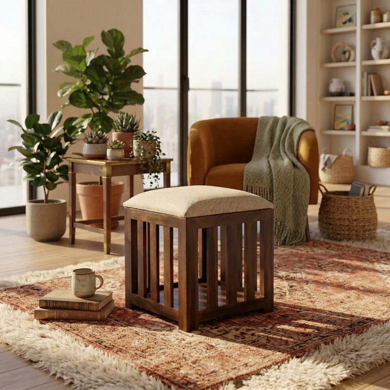 Suryavanshi Sheesham Wood Ottoman Slatted Stool with Cushioned Seat