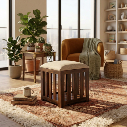 Suryavanshi Sheesham Wood Ottoman Slatted Stool with Cushioned Seat
