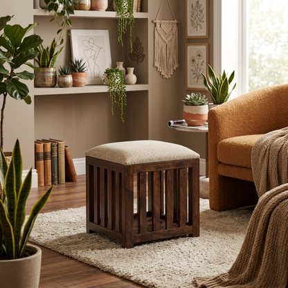 Suryavanshi Sheesham Wood Ottoman Slatted Stool with Cushioned Seat