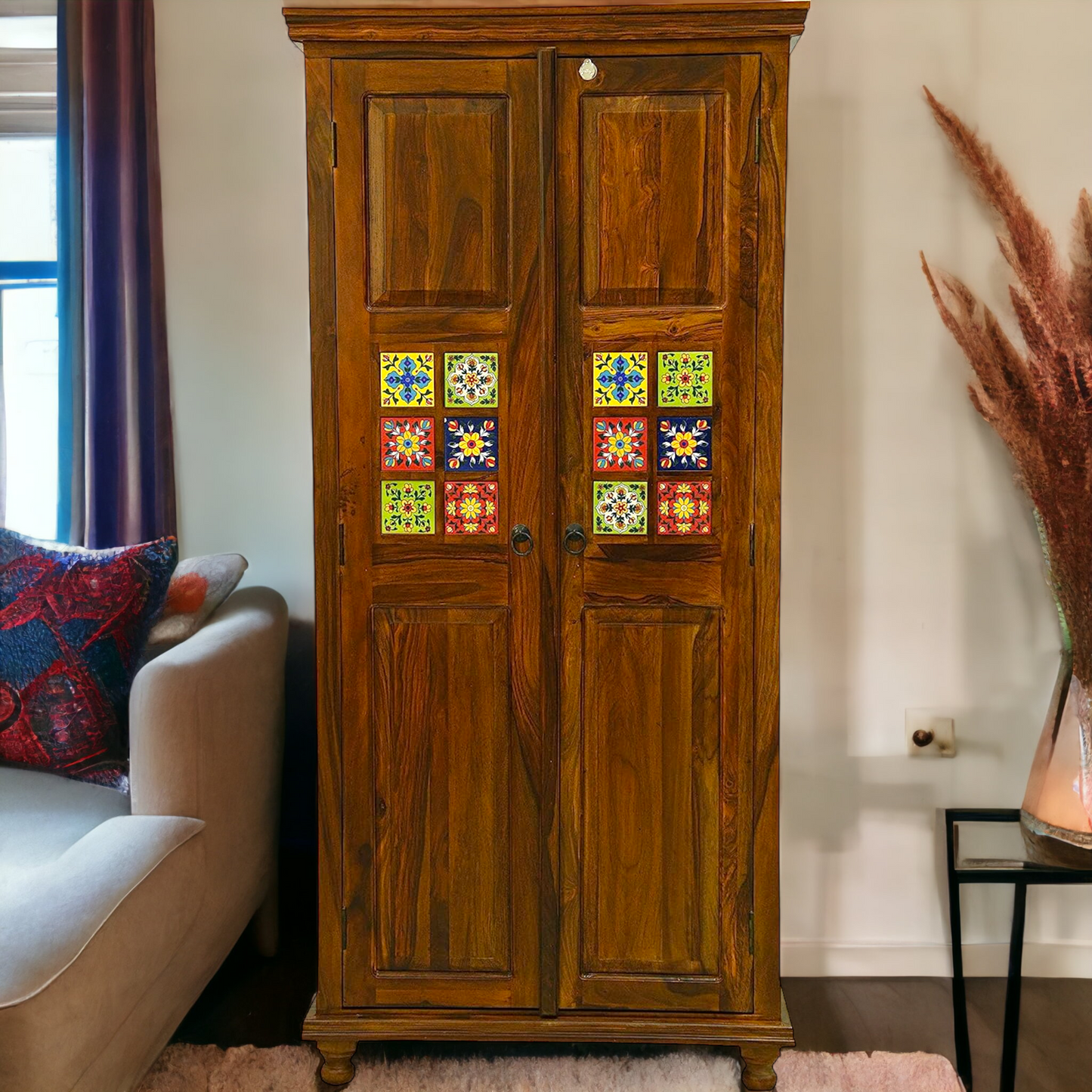 Suryavanshi Sheesham Wood 2 Door Wardrobe - Pottery Tiles, Ample Storage, and Elegant Design, Wooden Cabinet, Wooden Storage Cabinet, 55D x 91W x 196H Cm