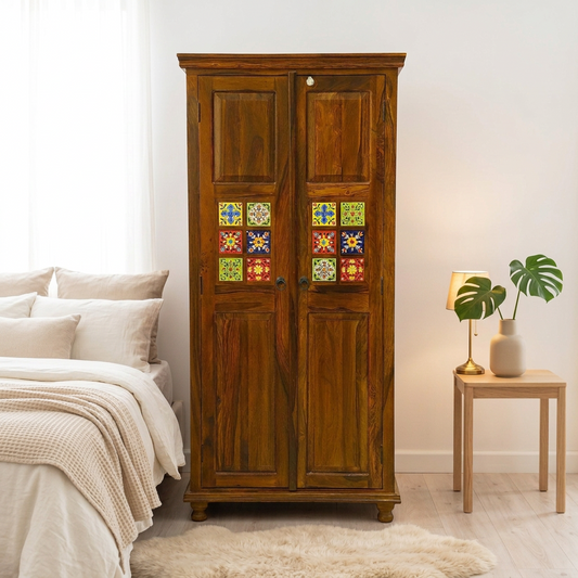 Sheesham Wood 2-Door Wardrobe with Colorful Decorative Tile Inlays – Traditional Indian Style Cabinet