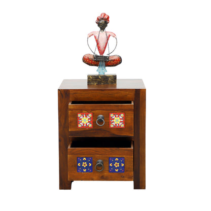 Handcrafted Solid Sheesham Wood Bedside Suryavanshi Table with Colorful Ceramic Tile Drawers – 2 Drawer Nightstand for Bedroom & Living Room