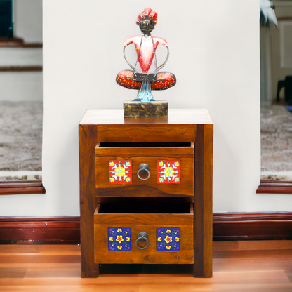 Handcrafted Solid Sheesham Wood Bedside Suryavanshi Table with Colorful Ceramic Tile Drawers – 2 Drawer Nightstand for Bedroom & Living Room