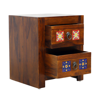 Handcrafted Solid Sheesham Wood Bedside Suryavanshi Table with Colorful Ceramic Tile Drawers – 2 Drawer Nightstand for Bedroom & Living Room