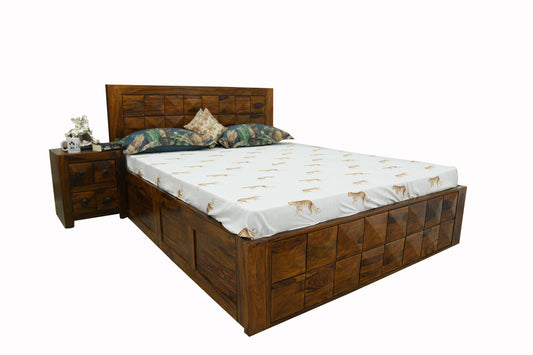 Suryavanshi Sheesham Wood Hydraulic Storage Bed King Size: Diamond Pattern Carving and Smart Storage