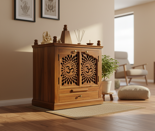 Sheesham Wood Pooja Mandir with Om Carving & Storage Drawers With Diya Stand