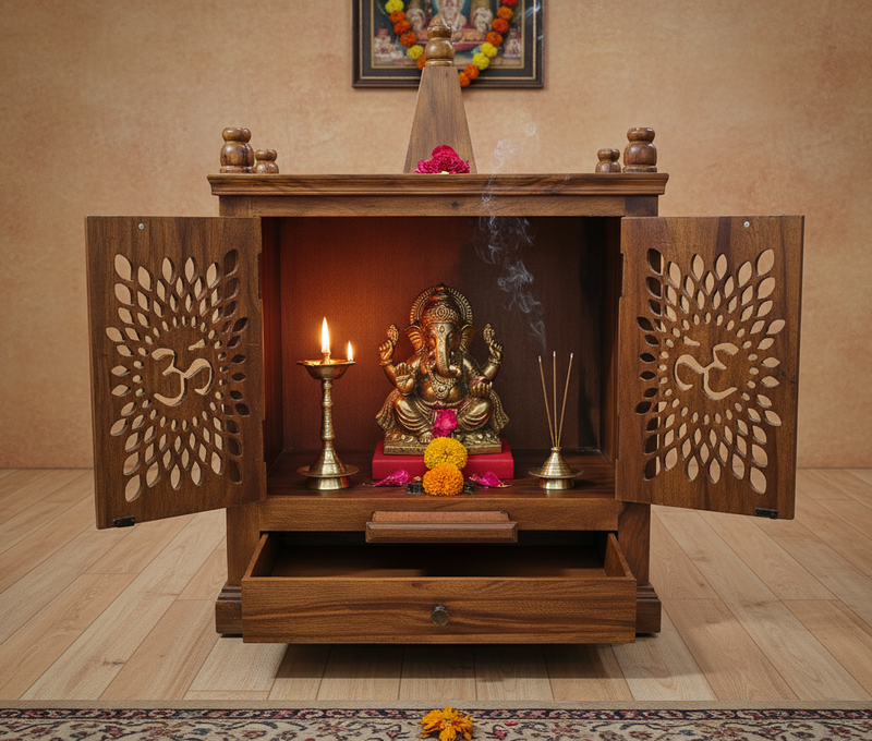 Sheesham Wood Pooja Mandir with Om Carving & Storage Drawers With Diya Stand