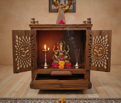 Sheesham Wood Pooja Mandir with Om Carving & Storage Drawers With Diya Stand