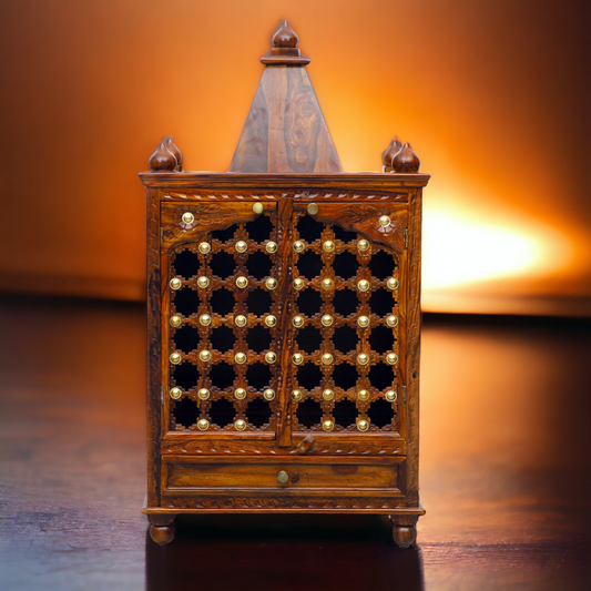 Suryavanshi Sheesham Wood Temple with 1 Drawer, 2 Doors, and Brass Accents – Elegance and Spirituality Combined