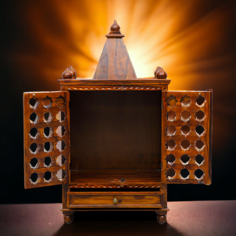 Suryavanshi Sheesham Wood Temple with 1 Drawer, 2 Doors, and Brass Accents – Elegance and Spirituality Combined