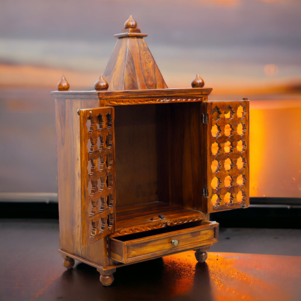 Suryavanshi Sheesham Wood Temple with 1 Drawer, 2 Doors, and Brass Accents – Elegance and Spirituality Combined