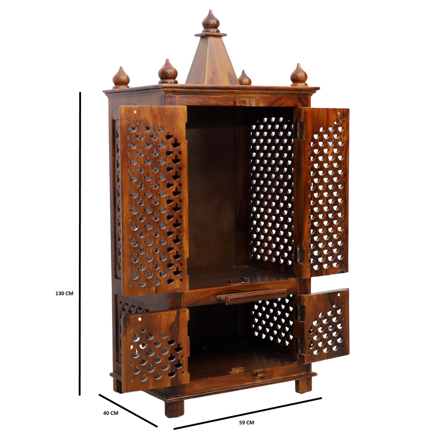 Suryavanshi Sheesham Wood 4-Door Temple with CNC Work Doors – A Spiritual Haven with Ample Storage