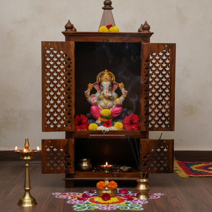 Suryavanshi Sheesham Wood 4-Door Temple with CNC Work Doors – A Spiritual Haven with Ample Storage