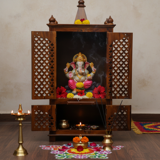 Suryavanshi Sheesham Wood 4-Door Temple with CNC Work Doors – A Spiritual Haven with Ample Storage