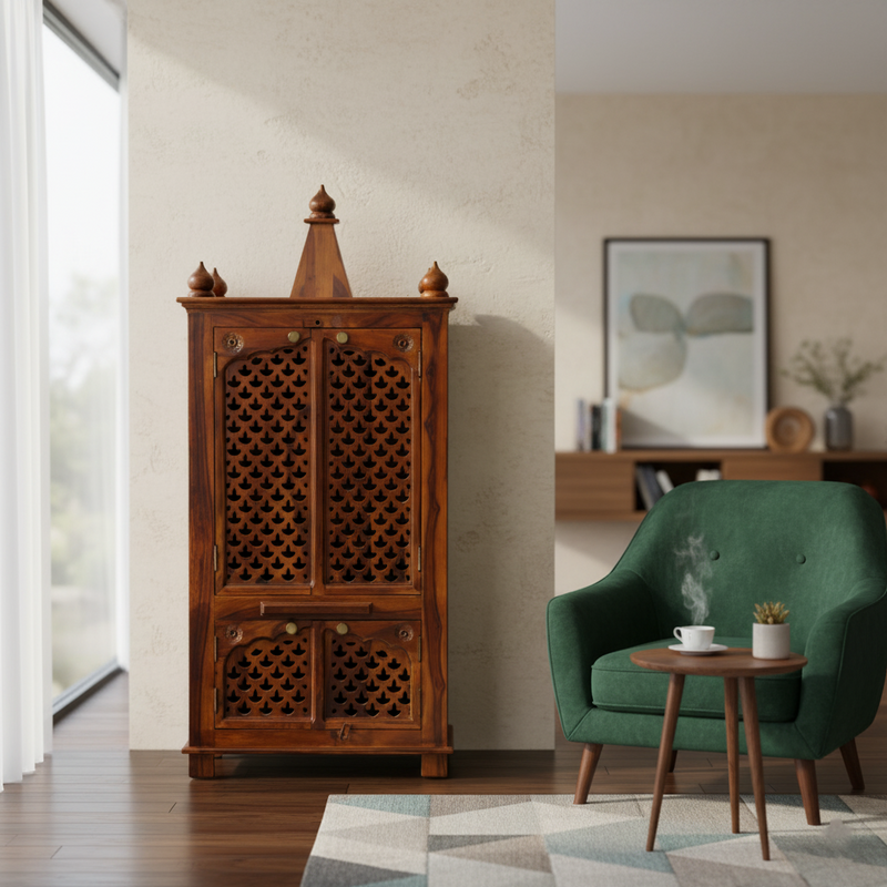 Suryavanshi Sheesham Wood 4-Door Temple with CNC Work Doors – A Spiritual Haven with Ample Storage