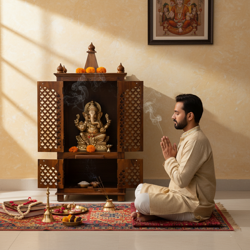 Suryavanshi Sheesham Wood 4-Door Temple with CNC Work Doors – A Spiritual Haven with Ample Storage