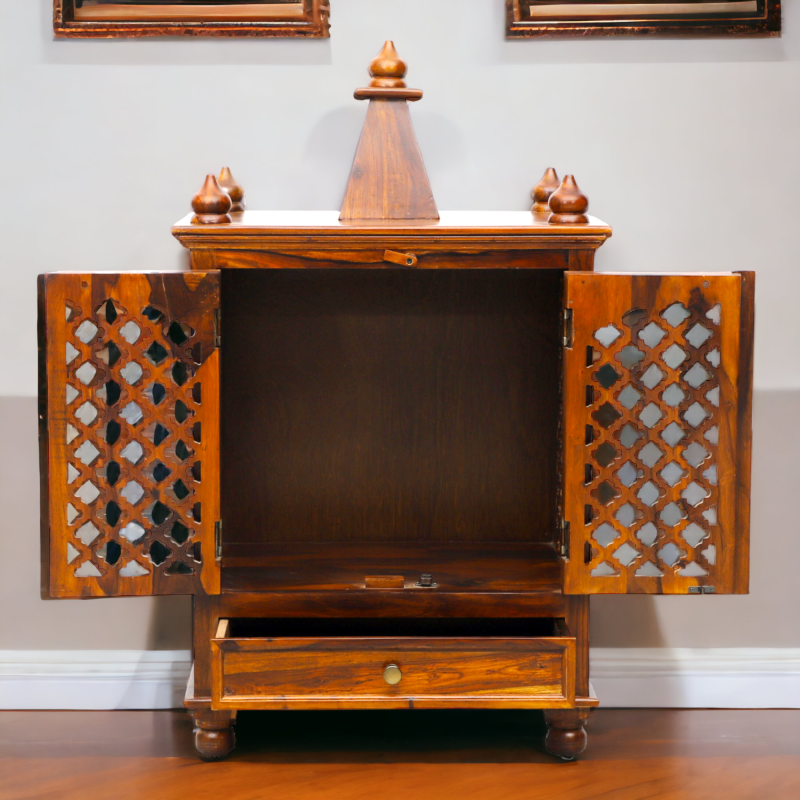 Suryavanshi Sheesham Wood Temple with 1 Drawer, 2 Doors, and CNC Work – A Divine Sanctuary of Elegance