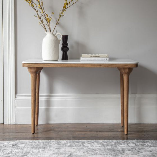 Suryavanshi Acacia Wood Cone Console Table - Timeless Elegance, Cool White Marble, and Versatile Functionality