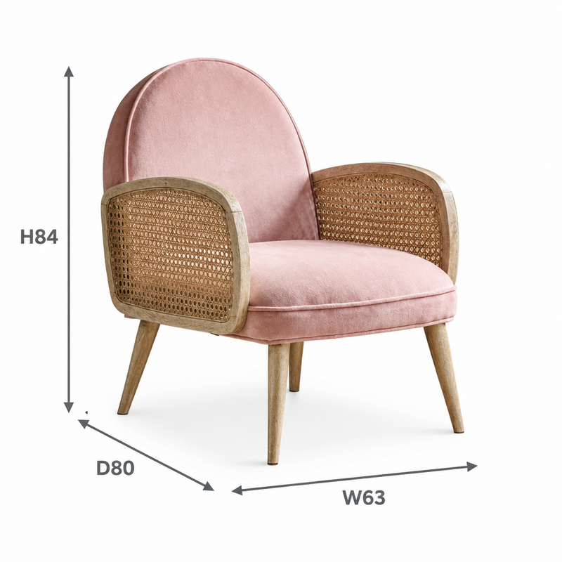 Suryavanshi Sheesham Wood Emmeline Velvet Armchair - Elegance and Comfort Combined, Cane Armrest and Cushioned Velvet Upholstery (Pink)