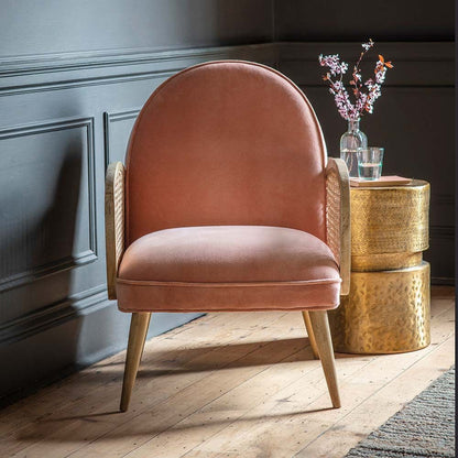 Suryavanshi Sheesham Wood Emmeline Velvet Armchair - Elegance and Comfort Combined, Cane Armrest and Cushioned Velvet Upholstery (Pink)