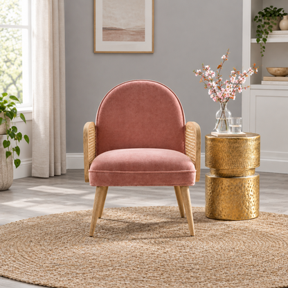 Suryavanshi Sheesham Wood Emmeline Velvet Armchair - Elegance and Comfort Combined, Cane Armrest and Cushioned Velvet Upholstery (Pink)