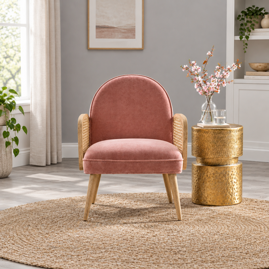 Suryavanshi Sheesham Wood Emmeline Velvet Armchair - Elegance and Comfort Combined, Cane Armrest and Cushioned Velvet Upholstery (Pink)