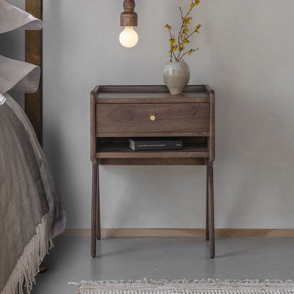 Suryavanshi Solid Sheesham Wood Bedside Table with Drawer & Open Shelf | Modern Mid-Century Nightstand for Bedroom | Walnut Finish