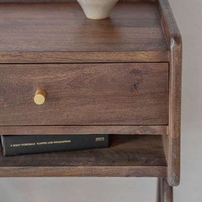 Suryavanshi Solid Sheesham Wood Bedside Table with Drawer & Open Shelf | Modern Mid-Century Nightstand for Bedroom | Walnut Finish