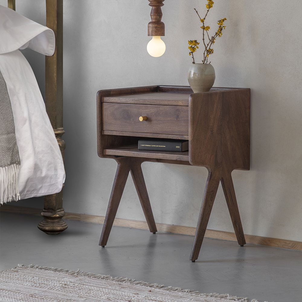 Suryavanshi Solid Sheesham Wood Bedside Table with Drawer & Open Shelf | Modern Mid-Century Nightstand for Bedroom | Walnut Finish