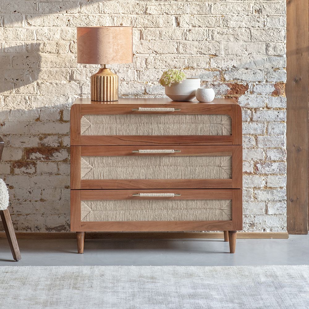 Suryavanshi Maya Chest of 3 Drawers - Acacia Solid Wood with Natural Danish Cord Detailing, Metal Handles, Cone Shape Legs