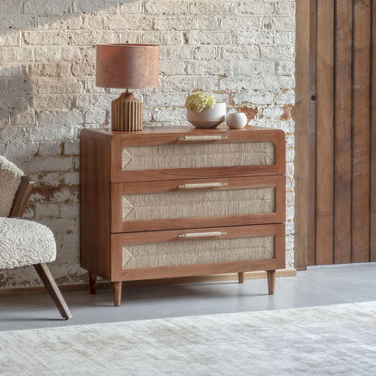 Suryavanshi Maya Chest of 3 Drawers - Acacia Solid Wood with Natural Danish Cord Detailing, Metal Handles, Cone Shape Legs