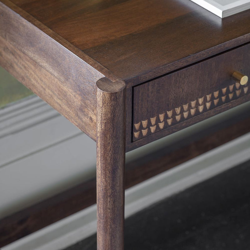 Suryavanshi Modern Writing Desk with Decorative Drawer Front, Dark Wood Finish, Brass Hardware(Walnut Finish)