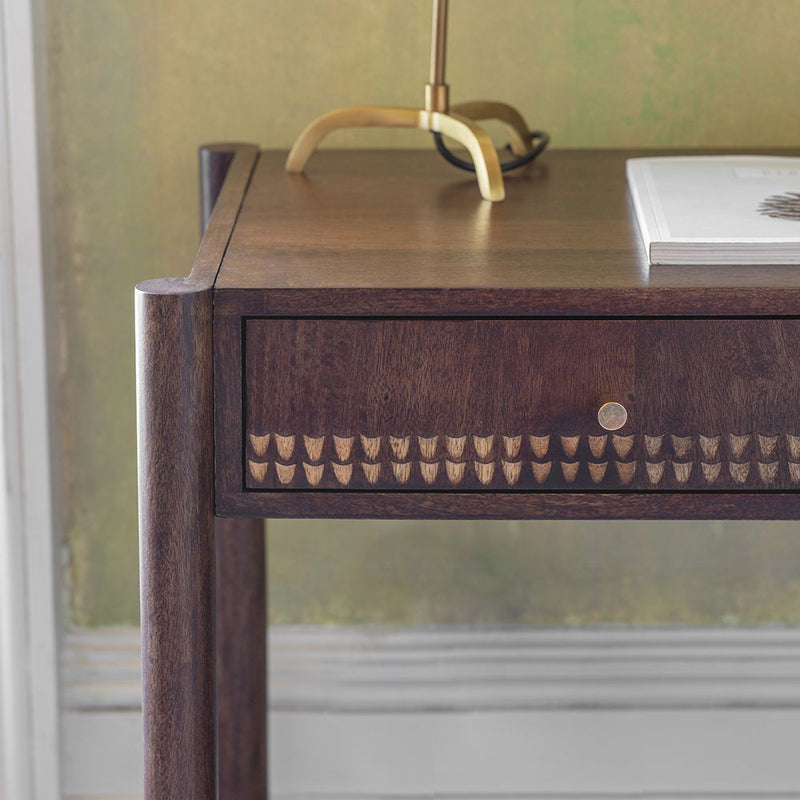 Suryavanshi Modern Writing Desk with Decorative Drawer Front, Dark Wood Finish, Brass Hardware(Walnut Finish)