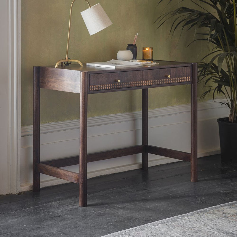Suryavanshi Modern Writing Desk with Decorative Drawer Front, Dark Wood Finish, Brass Hardware(Walnut Finish)