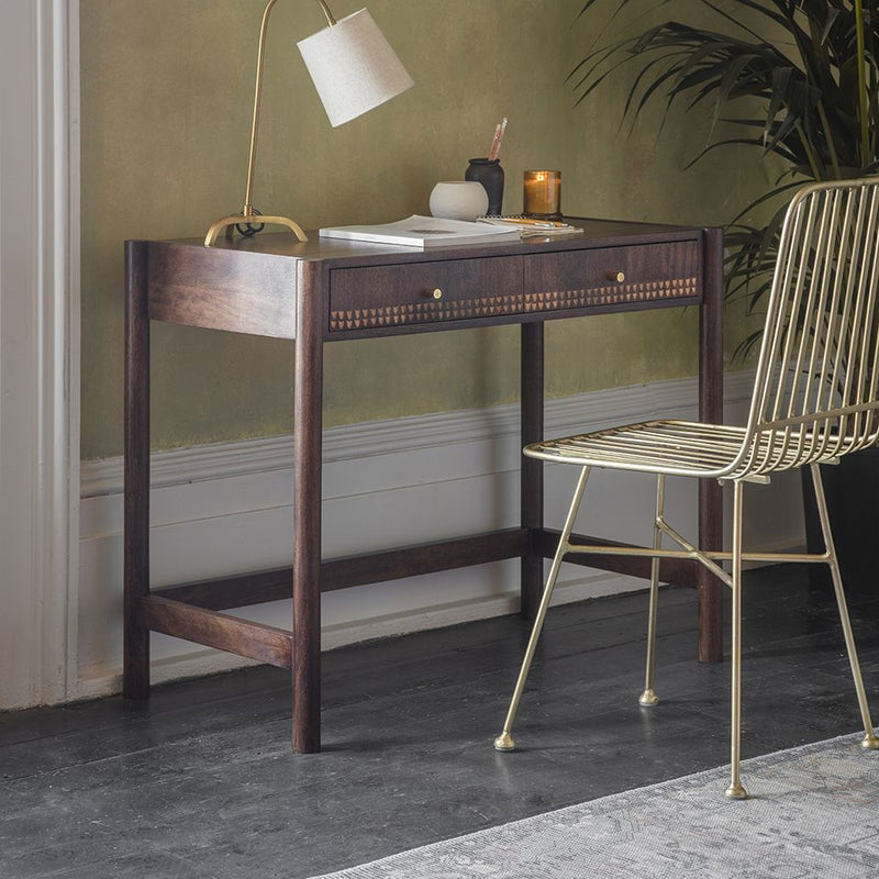 Suryavanshi Modern Writing Desk with Decorative Drawer Front, Dark Wood Finish, Brass Hardware(Walnut Finish)