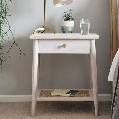 Suryavanshi Furniture Osborne Bedside Table With Drawer - Whitewashed Mango Wood with Brass Handle and Cane Rattan Detail