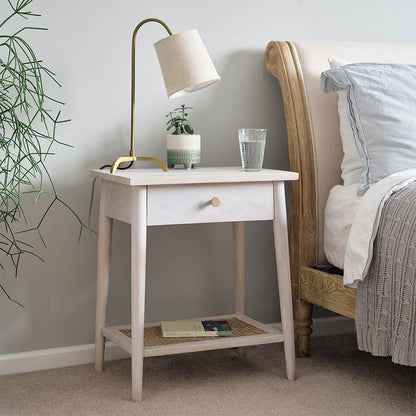 Suryavanshi Furniture Osborne Bedside Table With Drawer - Whitewashed Mango Wood with Brass Handle and Cane Rattan Detail