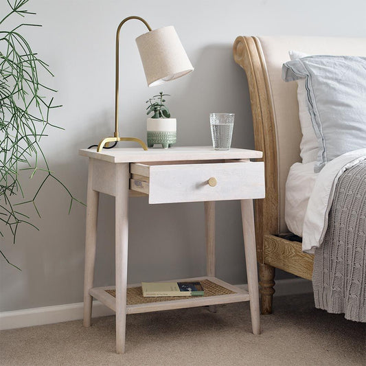 Suryavanshi Furniture Osborne Bedside Table With Drawer - Whitewashed Mango Wood with Brass Handle and Cane Rattan Detail