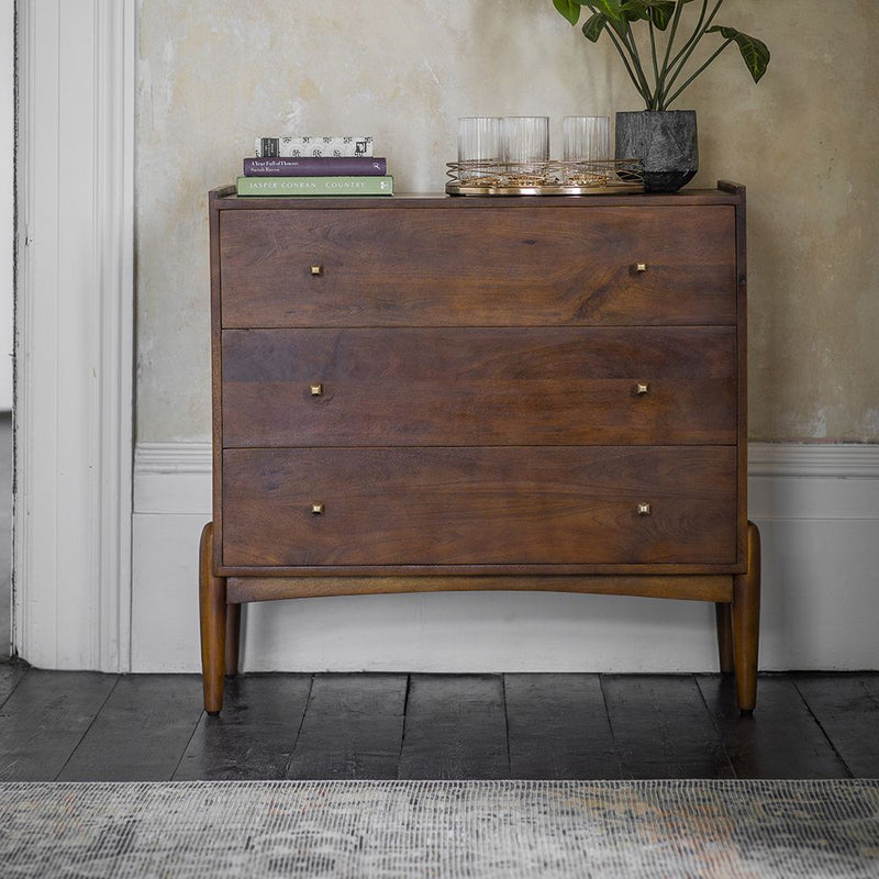 Suryavanshi Furniture Quinn Chest of 3 Drawers - Mango Wood and Brass Handles (Walnut Finish)