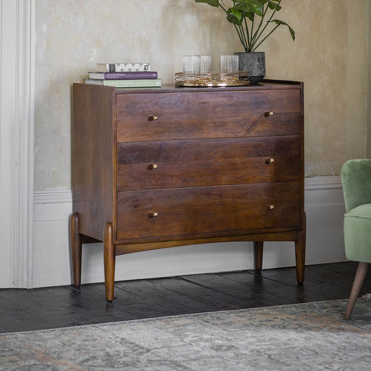 Suryavanshi Furniture Quinn Chest of 3 Drawers - Mango Wood and Brass Handles (Walnut Finish)