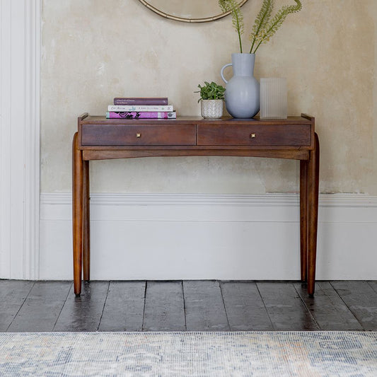 Suryavanshi Mango Wood Quinn Console Table - with Walnut Finish, Brass Handle, 2 Drawers