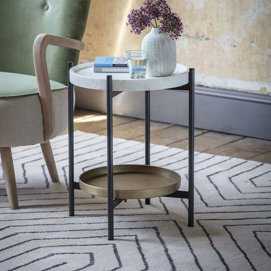 Suryavanshi Brooklyn Marble Top Side Table - Black Iron Legs, Brass Shelf, Circular Shape