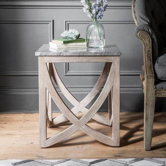 Suryavanshi Mango Wood Side Table with Grey Marble Top – A Touch of Elegance for Your Living Space