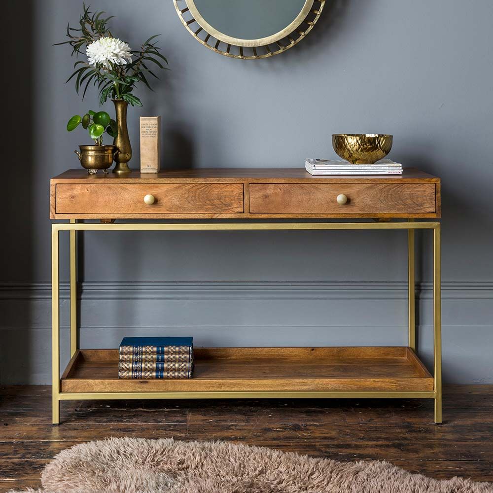 Suryavanshi Handcrafted Solid Wood Console Table with Brass Frame – 2 Drawer Entryway & Hallway Table