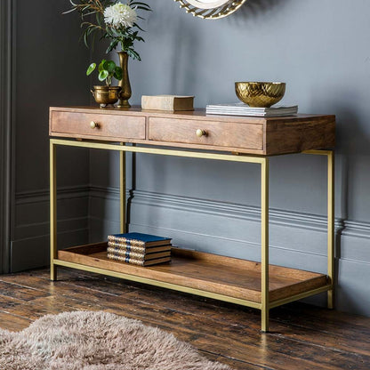 Suryavanshi Handcrafted Solid Wood Console Table with Brass Frame – 2 Drawer Entryway & Hallway Table