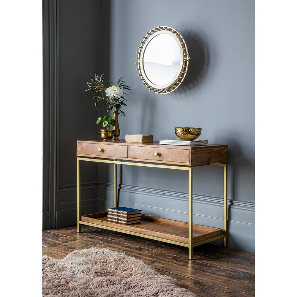 Suryavanshi Handcrafted Solid Wood Console Table with Brass Frame – 2 Drawer Entryway & Hallway Table