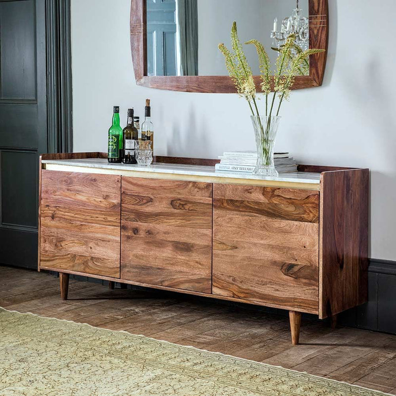 Suryavanshi Solid Sheesham Wood Sideboard Cabinet with White Marble Top, 4-Line Brass Inlay & 1 Door Adjustable Shelf | Multipurpose Storage Unit for Living Room & Dining – (45D x 160W x 87H Cm)